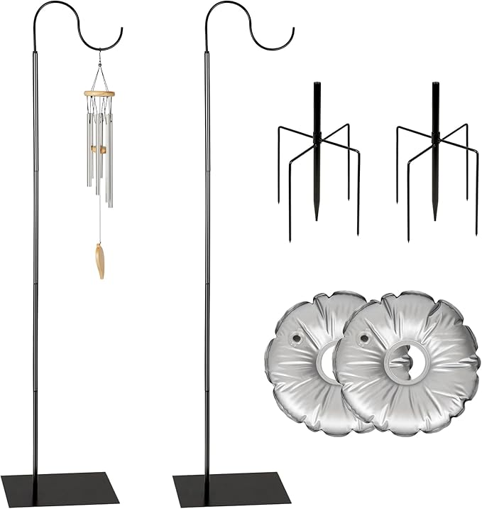 Liitrton 62.6 Inch Shepherds Hooks for Outdoor, Adjustbale Hummingbird Feeder Stand Bird Feeder Pole Wind Chime Stand with Flat Base, 4 Prongs Base and Water Weight Bag (2 Pack)