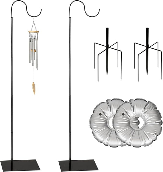 Liitrton 62.6 Inch Shepherds Hooks for Outdoor, Adjustbale Hummingbird Feeder Stand Bird Feeder Pole Wind Chime Stand with Flat Base, 4 Prongs Base and Water Weight Bag (2 Pack)