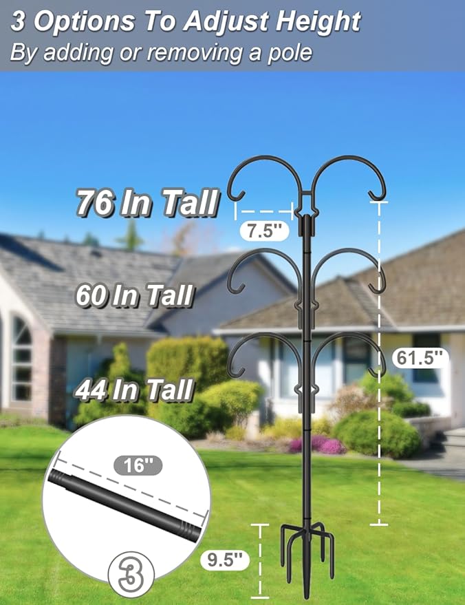 Outdoor Double Shepherds Hook with 5 Prong Base, 76 Inch Adjustable Heavy Duty Two Sided Bird Feeder Pole Stand for Hanging Plant Baskets, Solar Light Lanterns, Hummingbird Feeder, 2 Pack