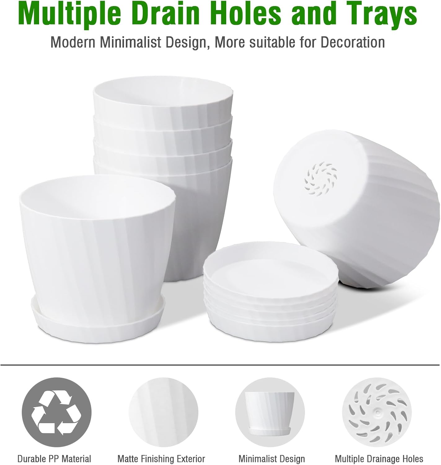 6 Inch Plant Pots Bulk, 6 Pack Plastic Planters with Drainage Holes and Saucers for Indoor Outdoor House Plants and Flowers, White