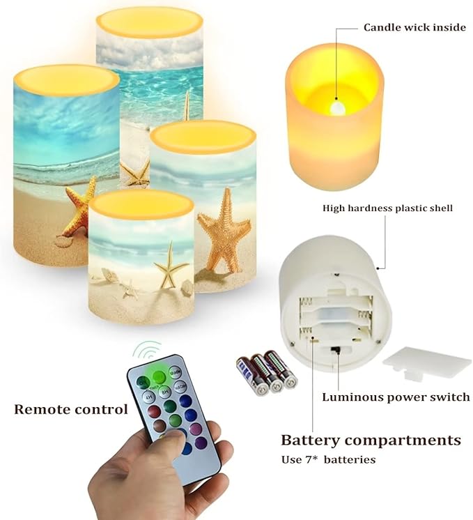LED Flickering Candles Battery Operated Candles Set of 4 with Remote Control Timer Dancing Flame Pillar Candles Home Table Coastal Decoration, Beach Coastal
