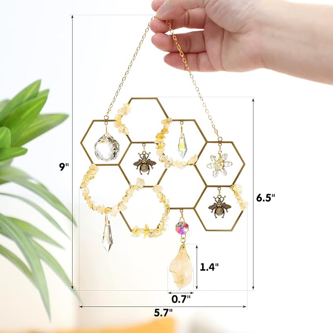 Tuitessine Crystals Suncatcher Window Hanging Bumble Bee Decor Honeycomb Light with Crystal Glass Prisms Hive for Home Indoor Outdoor Catcher Garden Ornament Christmas Birthday Gift Ideas