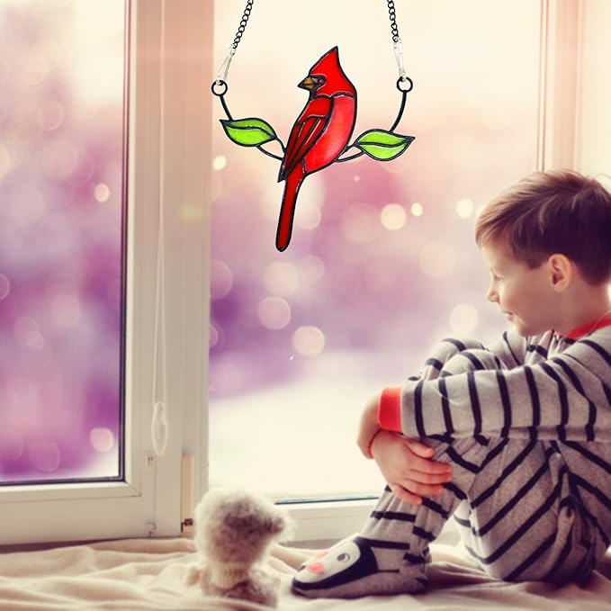 Cardinal Suncatcher, Small Stained Glass Birds Window Hanging Decoration