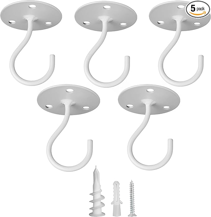 Ceiling Hooks for Hanging Plants- Metal Heavy Duty Wall Mounted Hangers for Hanging Bird Feeders, Planters, Wind Chimes, Include Professional Drywall Anchors (5 Pack) (Bright White)