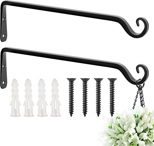 FEED GARDEN 15 Inch 2 Pack Hand-Forged Hanging Plant Bracket Heavy Duty Metal Plant Hangers for Outdoor Hanging Bird Feeders Lanterns Wind Chimes Black
