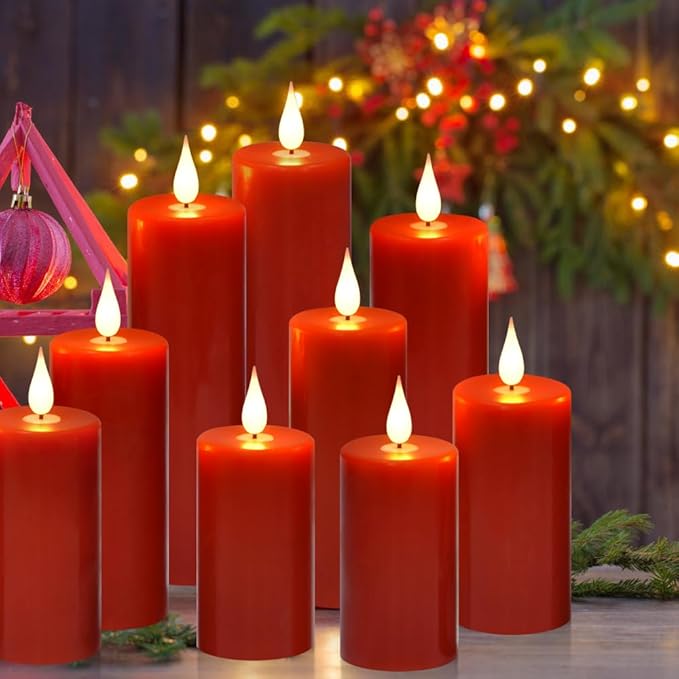 Flameless Flickering Battery Operated Candles 9PACK Real Wax Pillar LED Candles with 10-Key Remote Control and 24 Hours Timer for Wedding, Party, Home Decoration (Red)