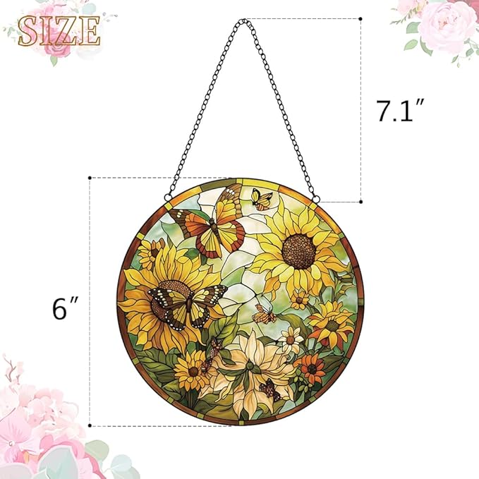 Sunflower Decor Suncatcher Stained Glass Window Hanging - Butterfly Stained Glass Suncatchers for Windows - Sun Catchers Indoor Window with Chain and Hook - Sunflower Gifts for Women Mom Teacher Gift