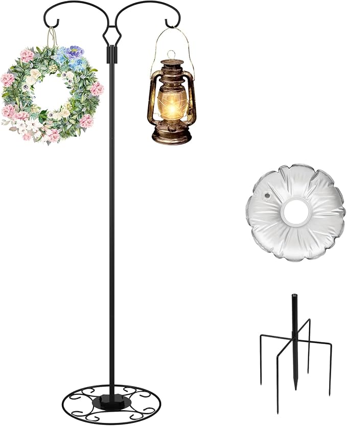 Liitrton 62.6 Inch Shepherds Hooks for Outdoor, Adjustbale Double Shepherds Hooks Hummingbird Feeder Stand Bird Feeder Pole Wind Chime Stand with Round Base, 4 Prongs Base and Water Weight Bag