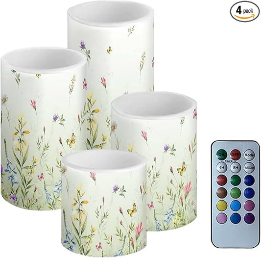 LED Flickering Candles Battery Operated Candles Set of 4 with Remote Control Timer Dancing Flame Pillar Candles Home Table Decoration, Floral Green