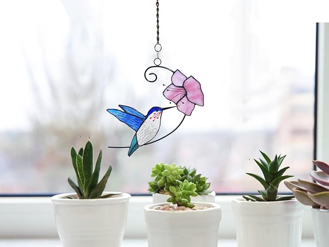 Lolitarcrafts Hummingbird with Flower Stained Glass Suncatcher Bird Stained Glass Window Hangings Hummingbird Gift for Home Decor (Blue with Flower)