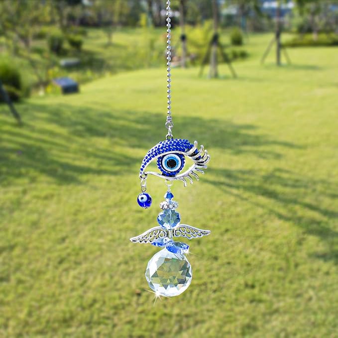 YU FENG Hanging Crystal Angel Suncatcher Blue Evil Eye Protection and Good Luck Charm Chandelier Lamps Pendant(12.5in)