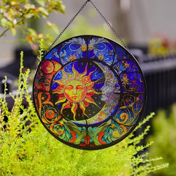 Stained Glass Suncatcher,Sun and Moon Artistic Window Hanging,7.8” Hand-Painted Glass Panel Wall Home Decor,Gift for Women Garden Decor Suncatcher (Sun and Moon), BL009