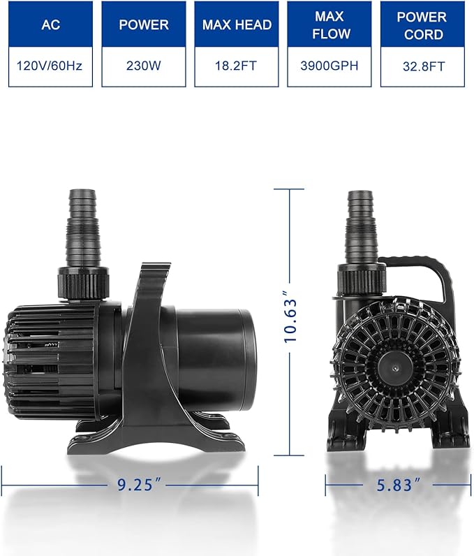 Outdoor Large 3900gph-230W 32.8FT Pond Water-fall & Kio Fish Fountain-s &Garden Pump Submersible IPX8: Long 32.8FT Cord Smart-er & Quieter Duck & Yard &Patio Ponds Pumps, 1 Barrier Pump Bag