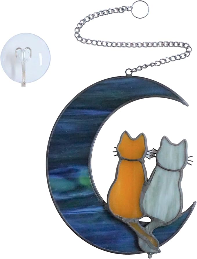 Cat Stained Glass Suncatcher – Cat on Moon Real Glass Window Hanging – Unique Modern Design Wall Art for Home or Garden Décor – Perfect Cat Lover Gift