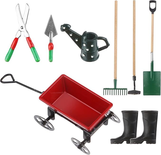 Miniature Fairy Garden Accessories Set 9 Pcs 1:12 Mini Metal Spade Pestle Kettle Wagon Rake Garden Watering Supplies Micro Landscape Ornaments Dollhouse Accessories