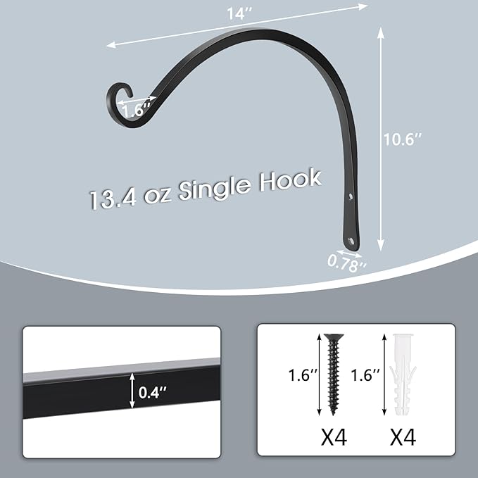 Gtongoko 2 Pack 14 Inch Plant Hangers Outdoor Metal Hanging Plant Bracket Bird Feeder Plant Hooks for Hanging Flower Basket, Wind Chimes, Solar Lanterns, Black