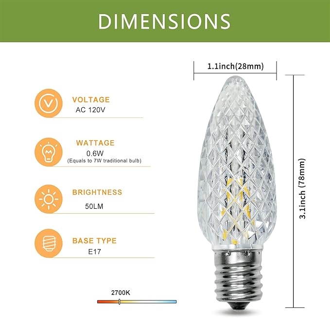 50Pack C9 Replacement LED Light Bulbs, Strawberry Christmas Bulb 2700K Soft White Shatterproof & Waterproof Outdoor String Light Bulbs, E17 Candelabra Base Edison Bulbs for Holiday Decoration