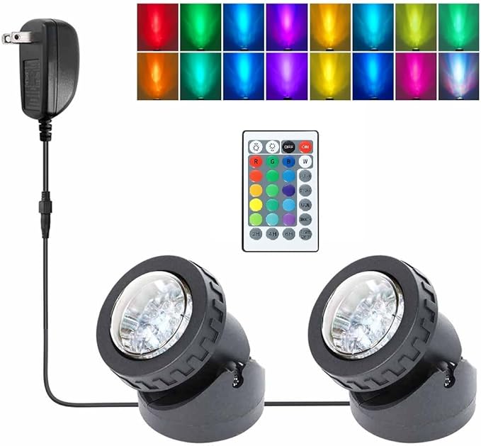 Pond Lights with Timer, Colored Fountain Lights IP68 Waterproof Pond Light, Underwater LED Dimmable Outdoor Lights for Fish Tank Pond Fountain Garden Landscape, 2 Lights