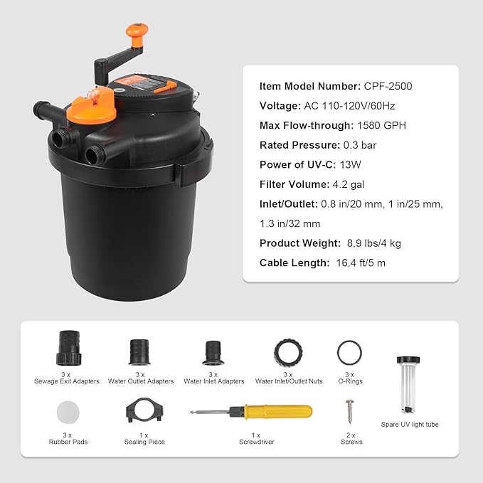 VEVOR Bio Pressure Pond Filter, Up to 1600 Gallons, with 13W UV-C Light, 1580 GPH, Pressurized Biological Pond Filter System Filtration Equipment for Fountain Pool, Koi Fish Aquarium Tank Garden Water