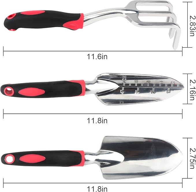 Garden Tool Set, 3PCS Heavy Duty Aluminum Gardening Tools with Soft Non-Slip Ergonomic Handle, Including Hand Trowel, Transplant Trowel and Cultivator Hand Rake for Planting, Digging, Weeding