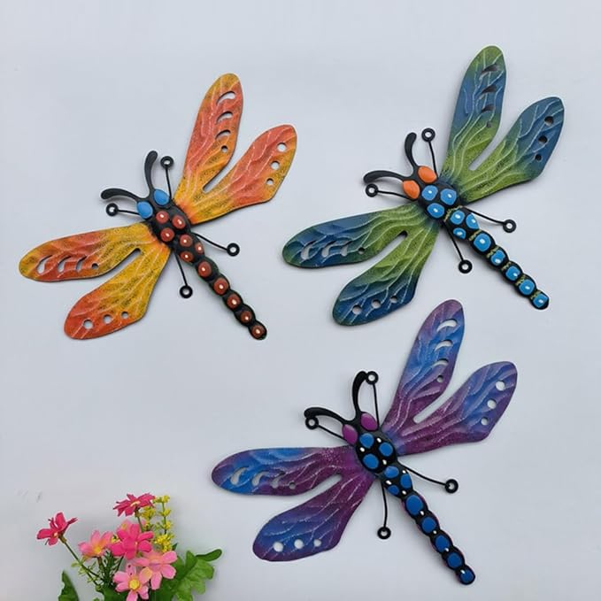 3 Pcs Metal Dragonfly Wall Decor, Colorful Metal Dragonfly Panel, Elegant Butterfly Wall Art - Home Office Garden Decor