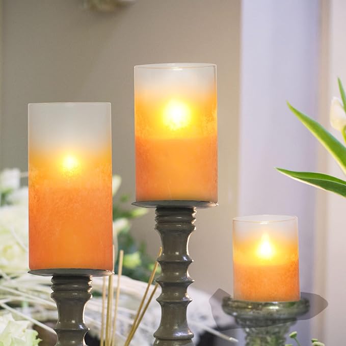Orange Flameless Candles - Battery Operated Candles with Remote Orange Glass Sandblasted Design Wax Unscented - Centerpieces for Dinner Table Tray House Warming Thanksgiving Gifts