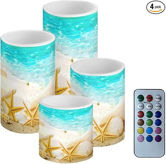 Beach Starfish Seashell Flameless Light Candles Battery Powered with Timer Remote Color Chaging Pillar Fake Candles Pack of 4 for Wedding Home Outdoor Decor