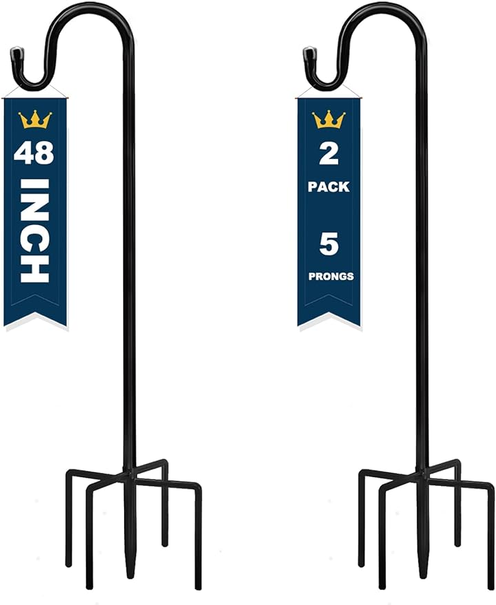 TIEBOLA Shepherd Hooks 2 Pack - 48 Inches High 1/2 Inch Thick Adjustable Rust Resistant Shepards Hooks with 5 Prong Base for Hanger Holder, Wedding Decor, Lanterns, Flower Basket, Bird Feeder.