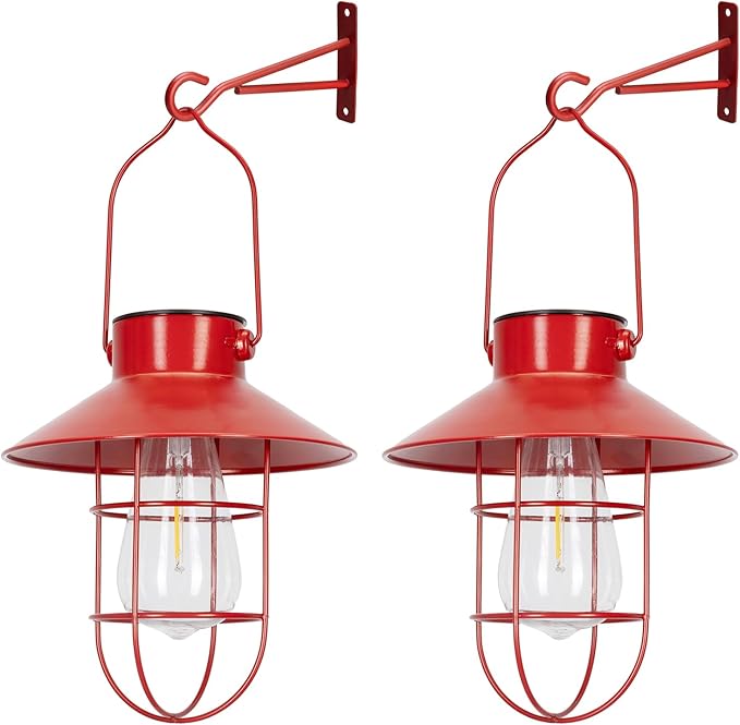 pearlstar Solar Lanterns Outdoor Christmas Metal Solar Powered Hanging Lights Waterproof for Wall Barn Yard Garden Patio Garage Balcony Porch Fence Decor, Warm White Edison Bulb (Red-2pack)