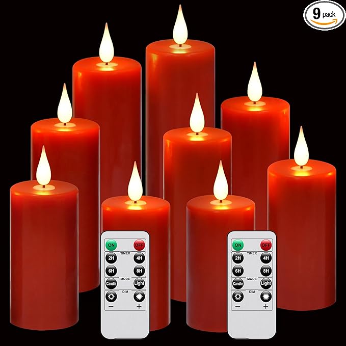 Flameless Flickering Battery Operated Candles 9PACK Real Wax Pillar LED Candles with 10-Key Remote Control and 24 Hours Timer for Wedding, Party, Home Decoration (Red)