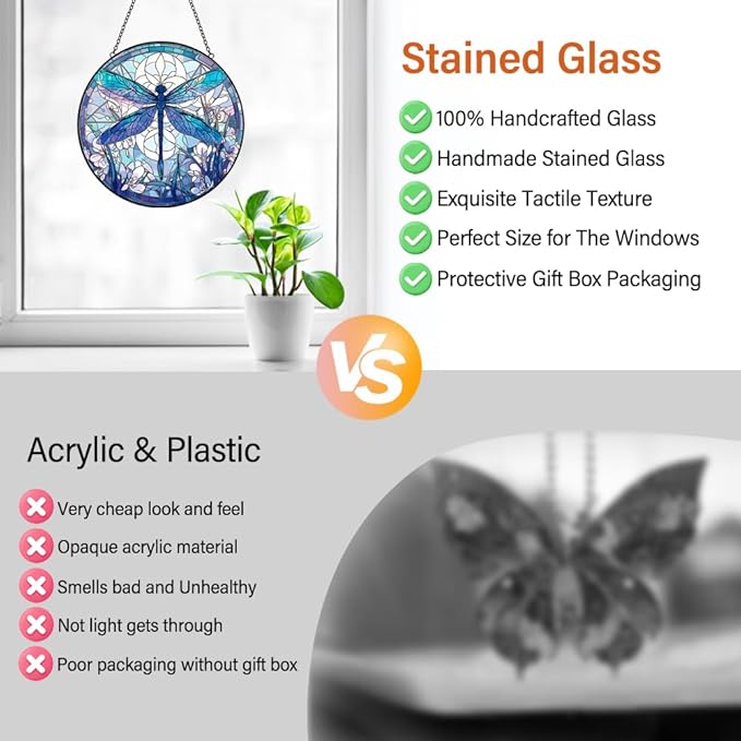 Dragonfly Decor Suncatcher Stained Glass Window Hanging - Handmade Artistic Suncatchers for Windows Hanging - Wall Home Decor Suncatcher with Metal Chain and Hook Gift for Women Mom Home Porch Garden