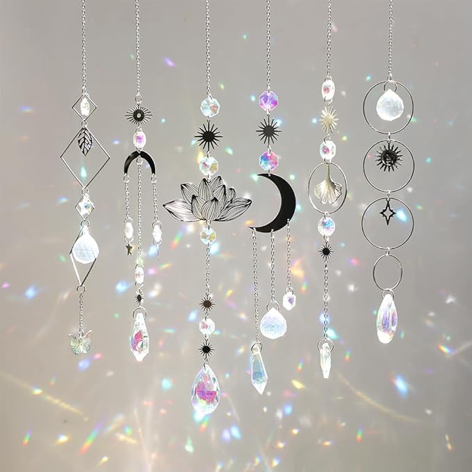 Sun Catchers, 6 Pieces Colorful Suncatchers Decorative Hanging Clear Crystal Prism Rainbow with Silver Moon Sun Metal Forms Suncatcher Kit for Window Indoor Outdoor Car Mirror Decor Xmas Gift
