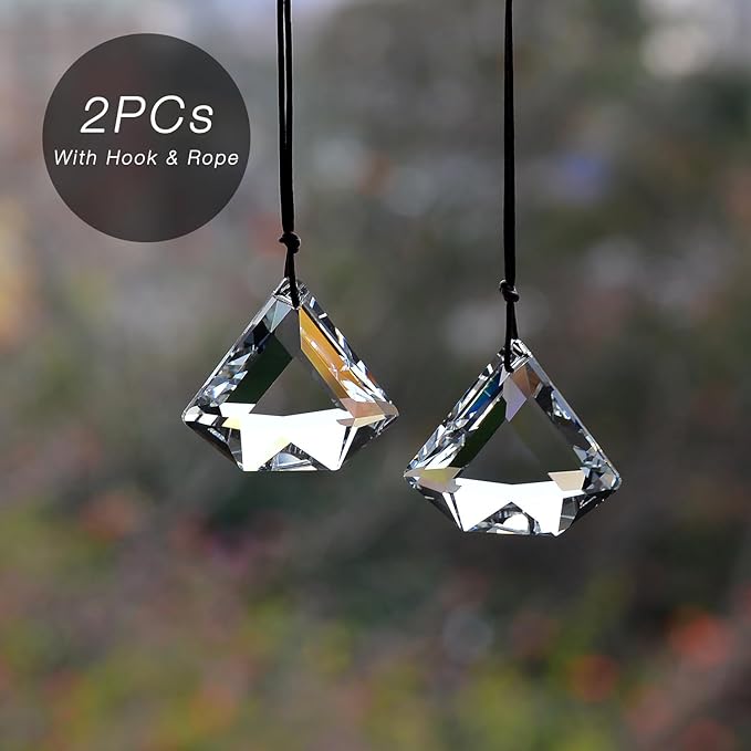 2PCS Clear Diamond Crystal Sun Catcher Prisms, STINO Hanging Suncatchers with Glass Prism, Rainbow Maker for Windows, Balcony, Kitchen, Garden Decoration (1, Diamond Clear 2Pcs)