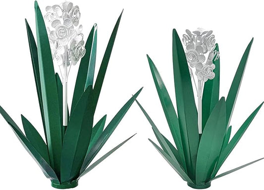 Metal Agave Plant Garden Art, 2 Pack Tequila Rustic Sculpture, Rustic Metal Agave Plants Garden Lawn Home Ornaments, for Yard Stakes, Garden Figurines, Outdoor Patio (2 PCS White Flowers)