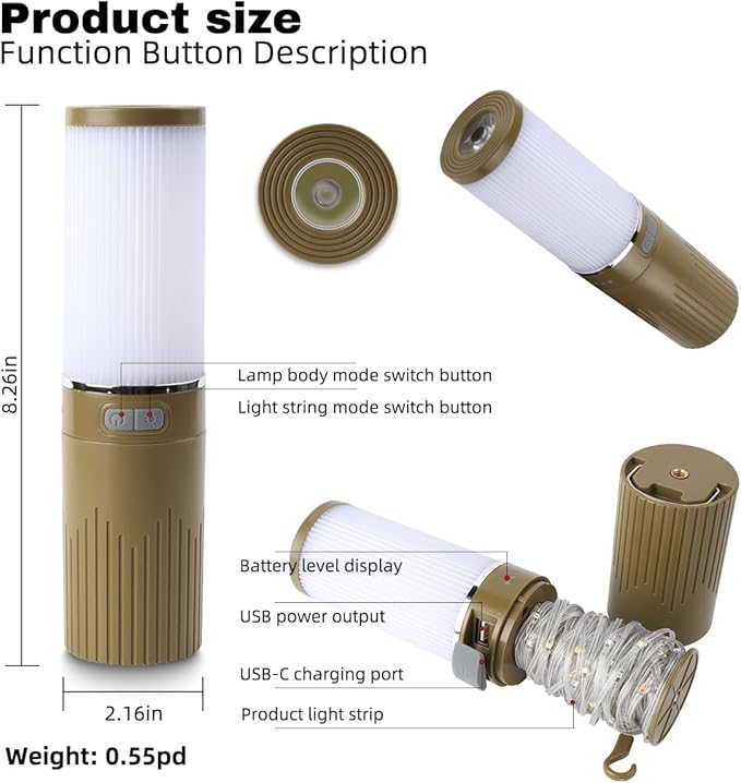 Camping Lantern with 49.2FT String, 2 in 1 Outdoor Warm White String Lights with 4 Modes & 5 Modes Rechargeable Camping Lamp IPX4 Waterproof Portable LED Tent Light for Outdoor Yard Garden Decoration