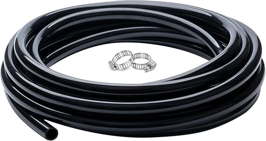 3/8" id - 10ft Black Vinyl Tubing Flexible PVC Tube Hybrid Hose Transfer Water Fuel Gas for Pond Fountain Garden Waterfall, Durable and Safe, with 2 Hose Clamps