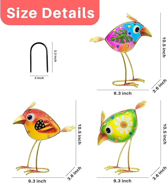 Garden Decor Metal & Glass Bird Decor for Indoor & Outdoor Set of 3 Birds, Lawn Ornaments for Patio Yard Porch, Outdoor Statue Decorations