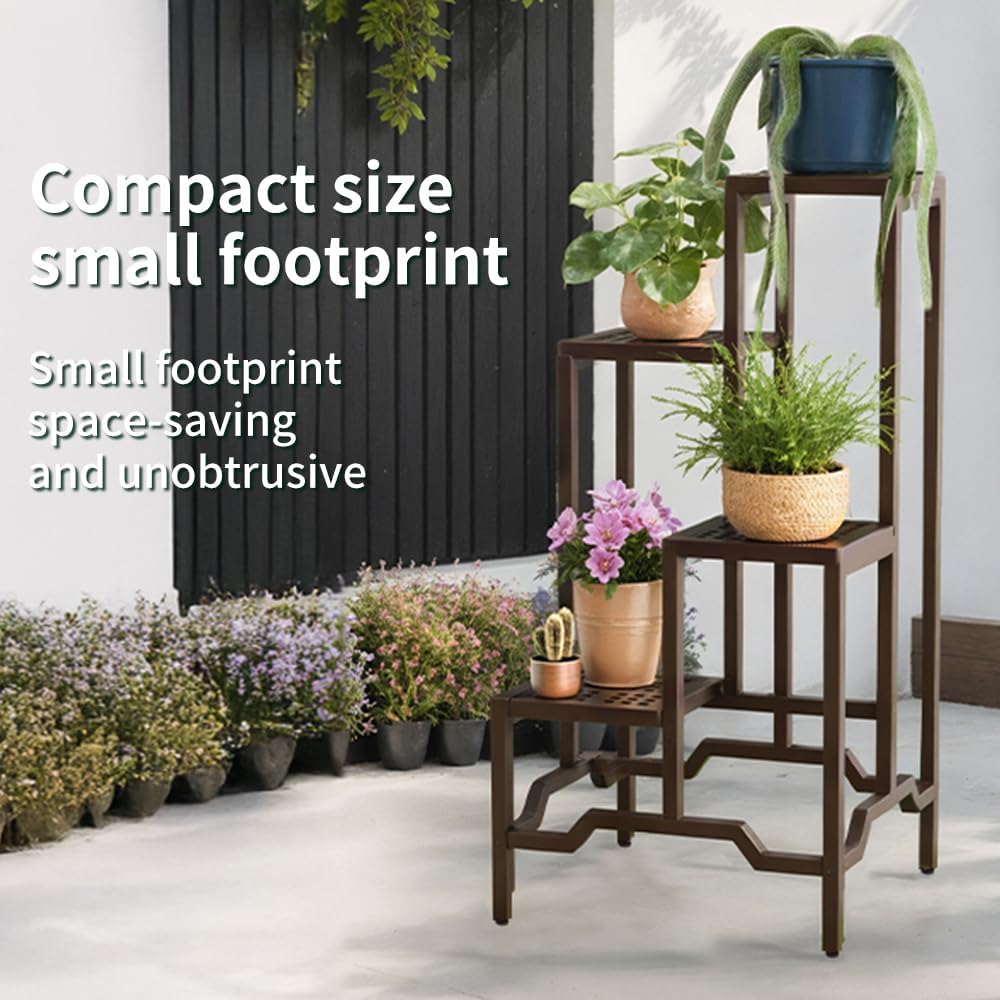Plant Stand - Aluminum Indoor/Outdoor Flower Rack, Waterproof & Rust-Proof, Stable Support for Pots, Perfect for Living Room, Balcony, Garden, and Office (Brown, 4 Tier)