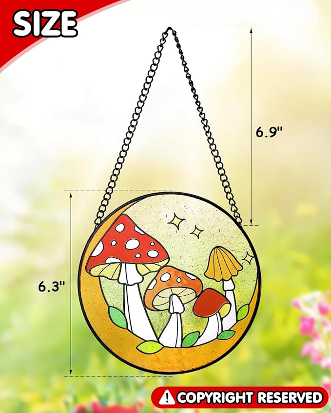 Tuitessine Mushroom Stained Glass Suncatcher Moon Toadstools Window Wall Hanging Ornament Hand-Painted Glass Panel Decor for Home Gift for Nature Plant Mushroom Lovers 6.3"*6.3"