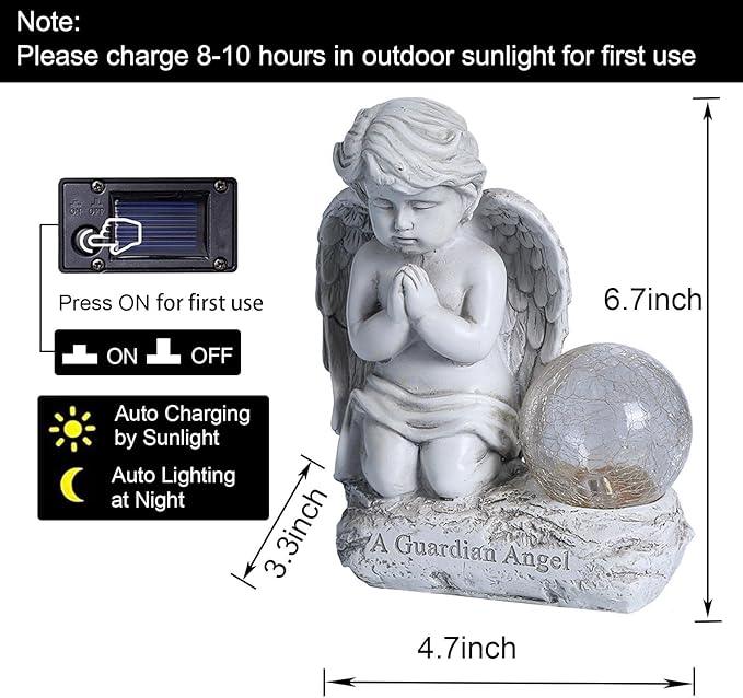 Angel Decor Praying Cherubs Statue Garden Decor, Angel Garden Figurines Outdoor Decoration,Baby Angel Garden Statue with Solar Crackle Glass Globe for Lawn Patio Decorations