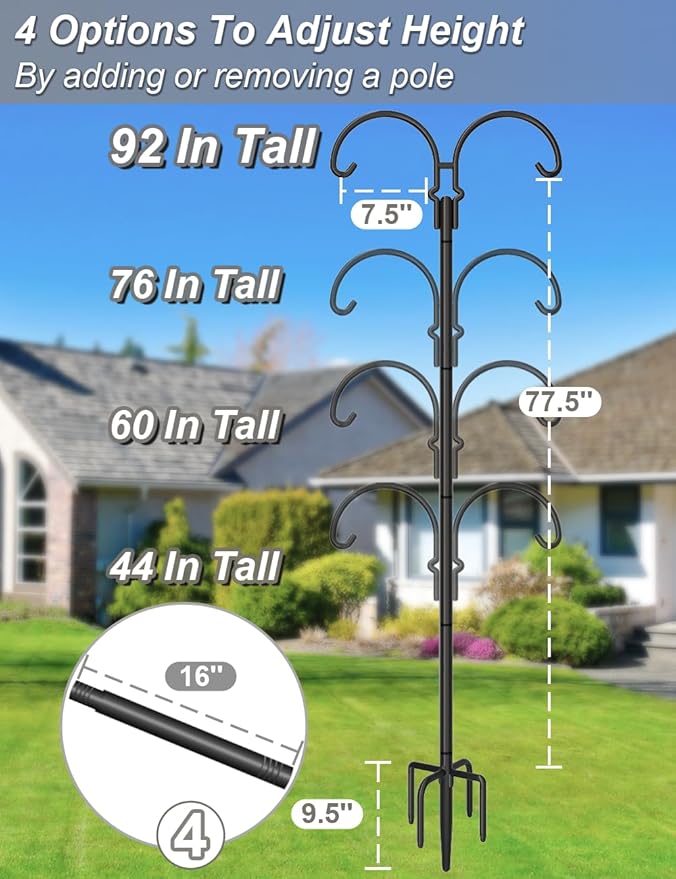 Outdoor Double Shepherds Hook with 5 Prong Base, 92 Inch Adjustable Heavy Duty Two Sided Bird Feeder Pole Stand for Hanging Plant Baskets, Solar Light Lanterns, Hummingbird Feeder, 2 Pack