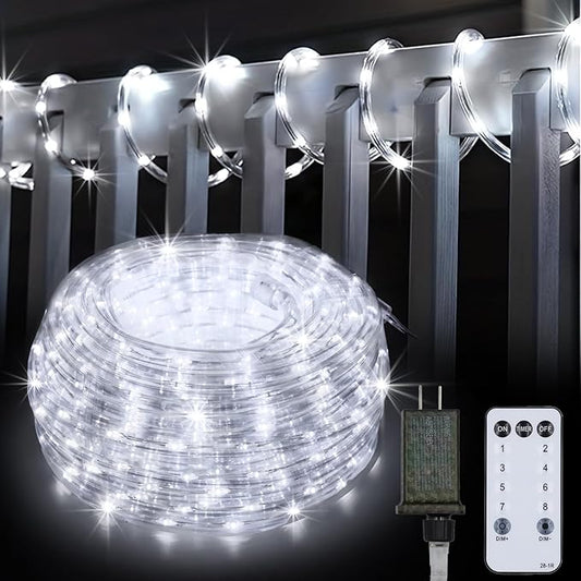 50Ft 600 LED Rope Lights Outdoor, White Flexible Tube Light Waterproof Plug in 8 Modes Timer Memory, Permanent String Lights for Tree,Pool, Bedroom, Fence, Garden, Indoor, Outside Decorations