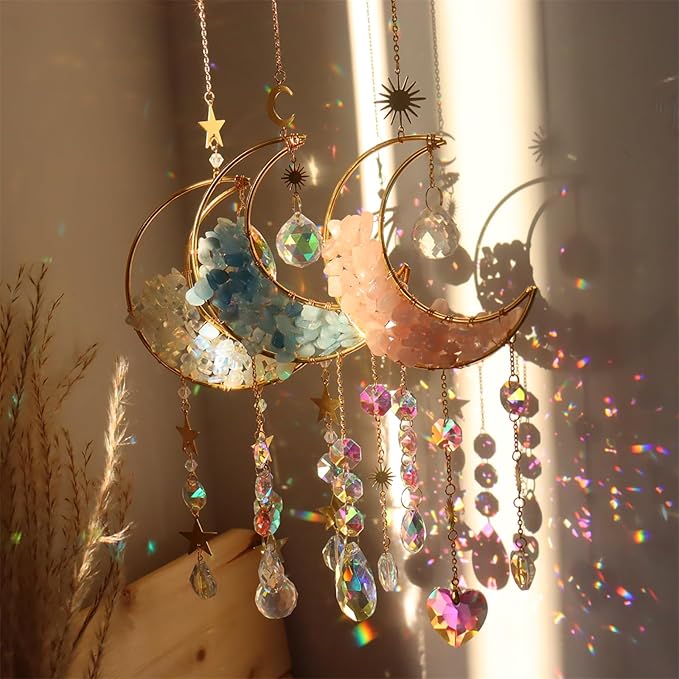 Crystal Suncatcher Hanging Moon Sun Light Catcher with Glass Prisms for Window Natural Pink Crystal Decor Home Indoor Making Rainbows