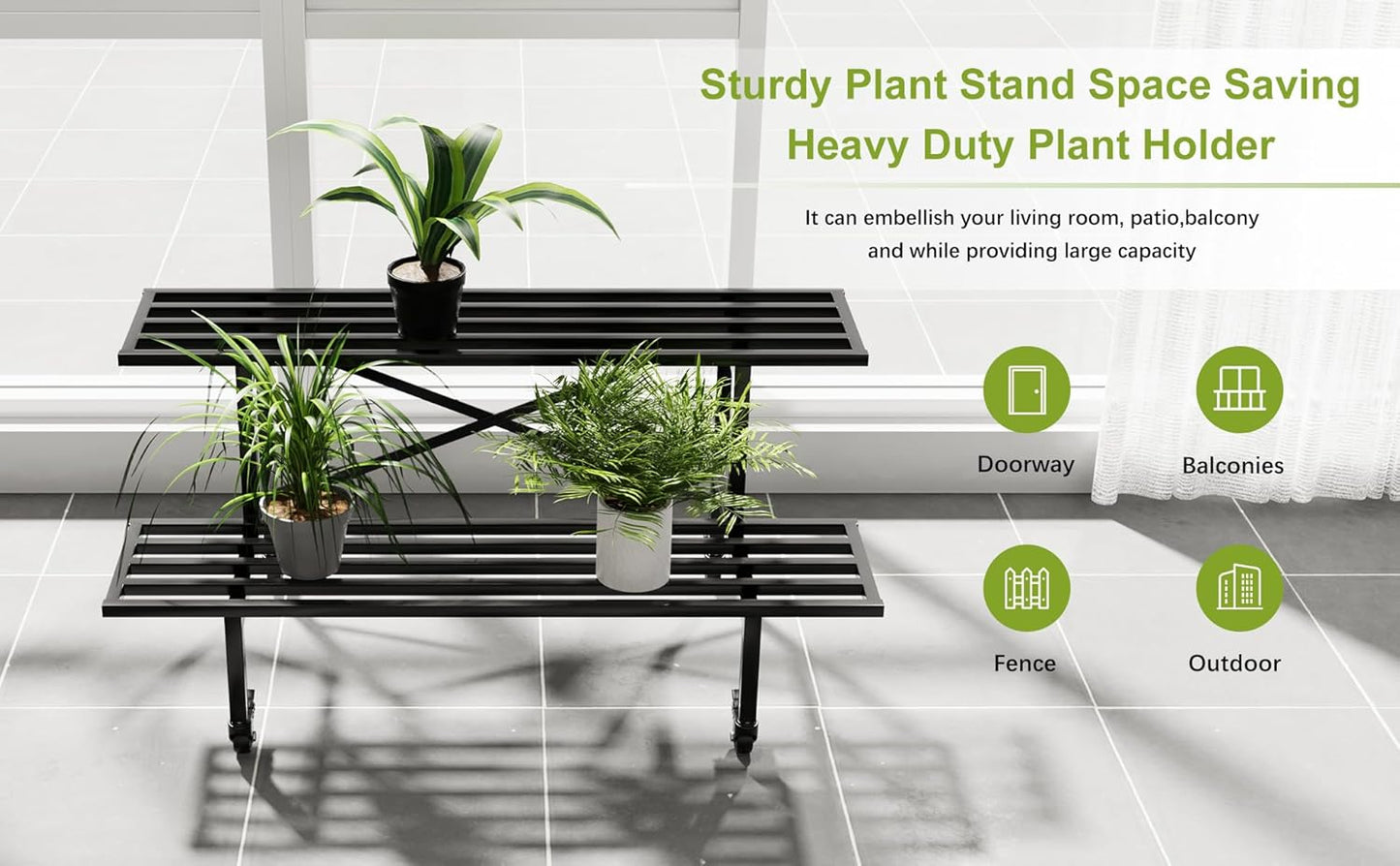 Zhongma 2 Tier Sturdy Metal Plant Stand with Wheels, L35.43 x W17.5 x H16.14 inch, Heavy Duty Plant Holder for Home Indoor and Outdoor,440 LBS Capacity & Heavy Duty Construction