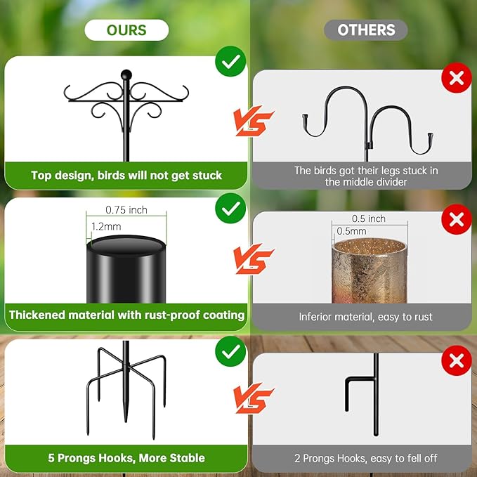 Shepherds Hooks for Outdoor, 108 Inch Heavy Duty Bird Feeder Pole with 5 Prongs Base, Adjustable Shepherds Hook for Hanging Birdhouses, Lanterns, Plant Baskets, Wind Chimes