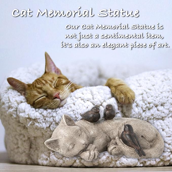 Sleeping Cat Garden Statues Outdoor - 12"Sparrows On Cat Figurine Memorial Statue Grave Markers Garden Resin Sleeping Cat Statues for Garden Decor Outdoor Cat Statue Resin 12" x 8" x 4.5"LC LCdecohome