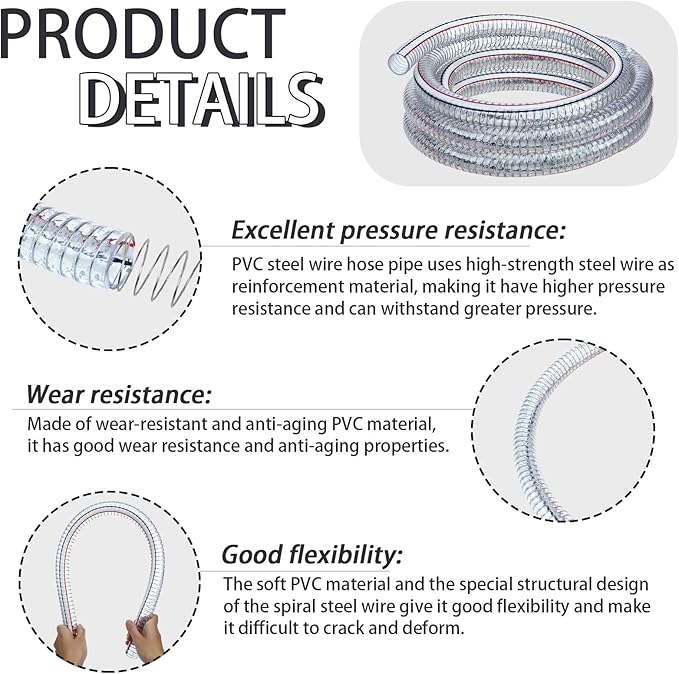 Frienda Heavy Duty Steel Wire Flexible Tubing with Fasteners PVC High Pressure Drain Hose Tube Pond Tubing Clear Wire Reinforced for Pond Bilge Pump Vacuum Suction Hose(10 Ft, 1 Inch Id)