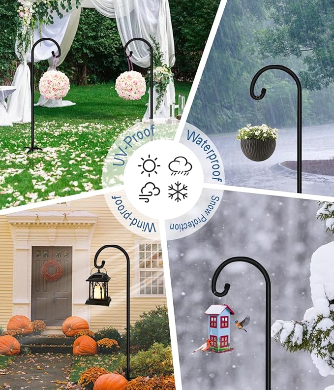 92 inch Outdoor Shepherd Hook with 5 Prong Base (2 Packs), Adjustable Heavy Duty Garden Hanging Stake for Bird Feeder Solar Light Plant Hanger Wedding Decor, Matte Black