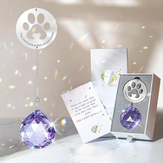 Dog Memorial Gifts, Unique Loss of Pet Sympathy Idea, Purple Crystal Ball Rainbow Suncatcher with Paw Print for Cat or Dog Remembrance and Bereavement
