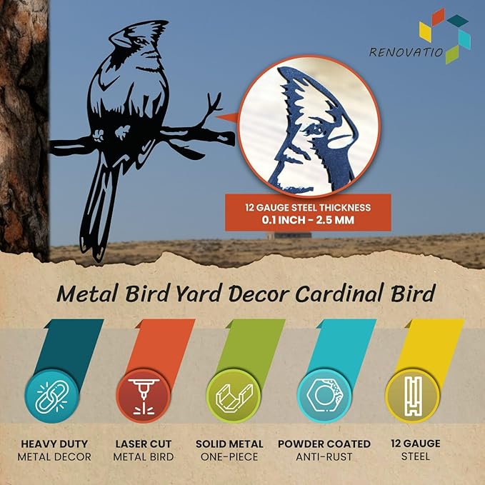 Renovatio Metal Bird Decor – Stylish Decoration for Yard & Garden – Perfect Outdoor Yard Art – 12 Gauge Thick Steel – Ideal Backyard Decor & Bird Ornaments – Cardinal Bird (Black)
